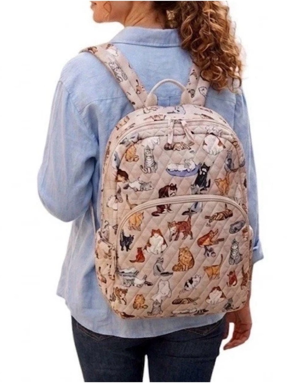 Vera Bradley A Cats Life Essential Large Backpack Quilted Cotton Beige